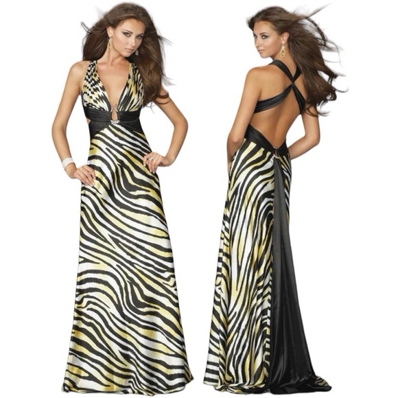 Morgan & Co Beaded Brooch Animal Print Plunge Cut Out Dress Yellow Black 7 8 - Picture 1 of 15
